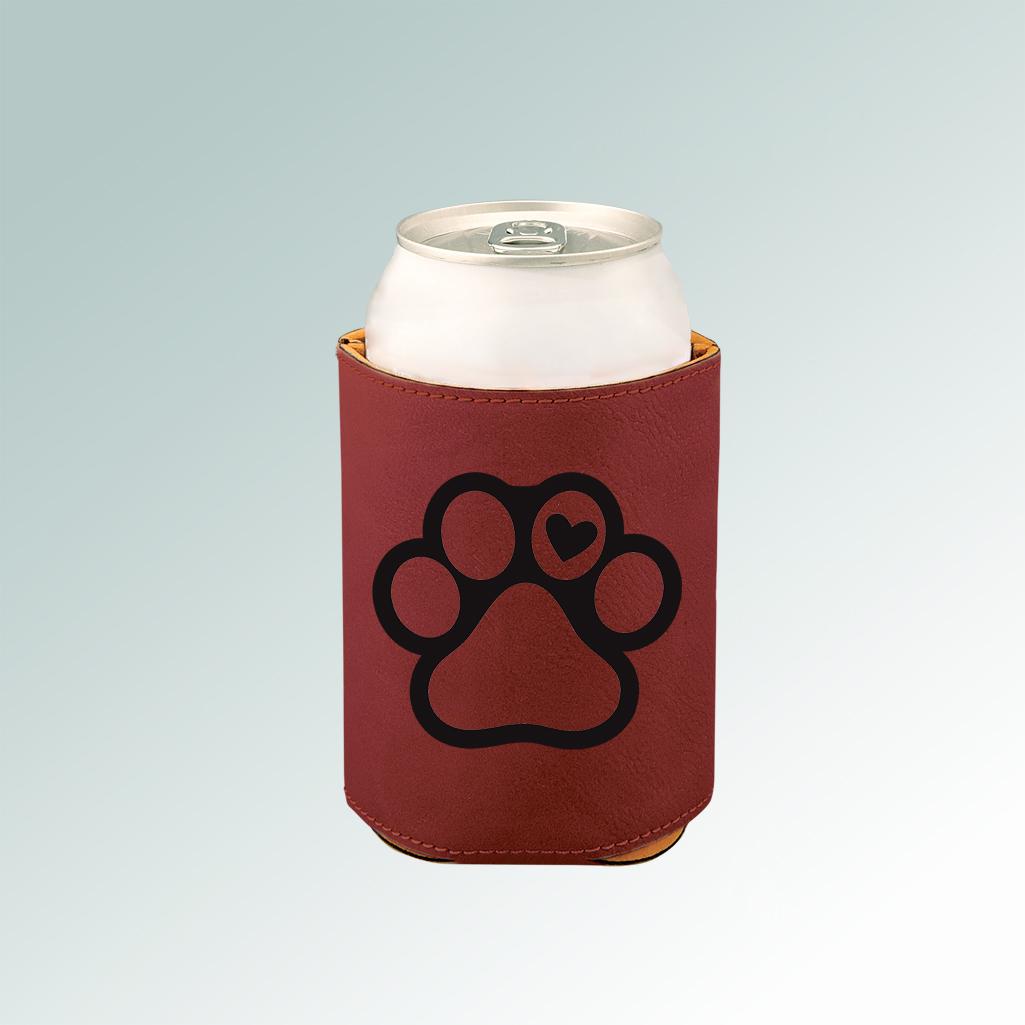 Personalized leatherette dog paw beverage holder with your choice of dog paw design and engraved text. 25+ dog paws to choose from.