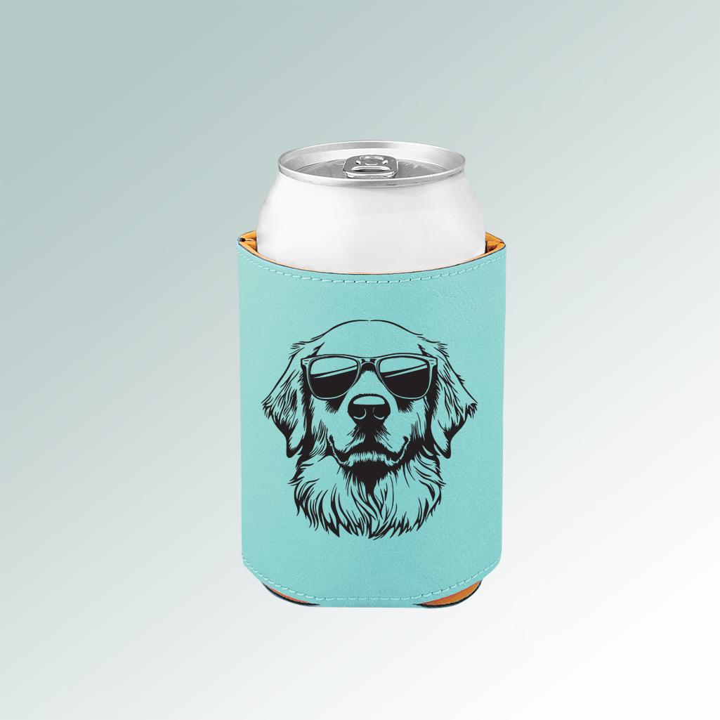 Personalized leatherette golden retriever beverage holder with your choice of golden retriever design and engraved text.