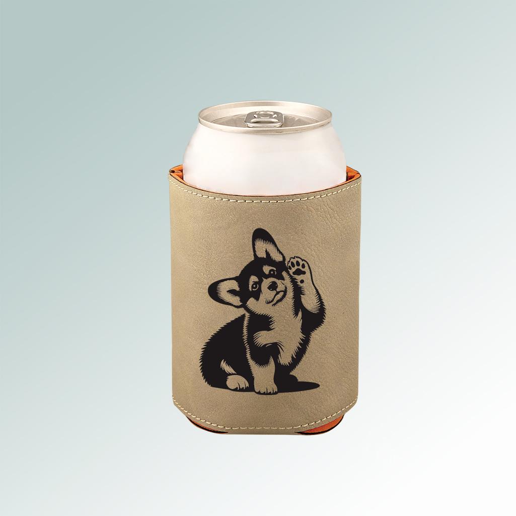 Personalized leatherette corgi beverage holder with your choice of corgi design and engraved text. 100+ corgi designs to choose from.