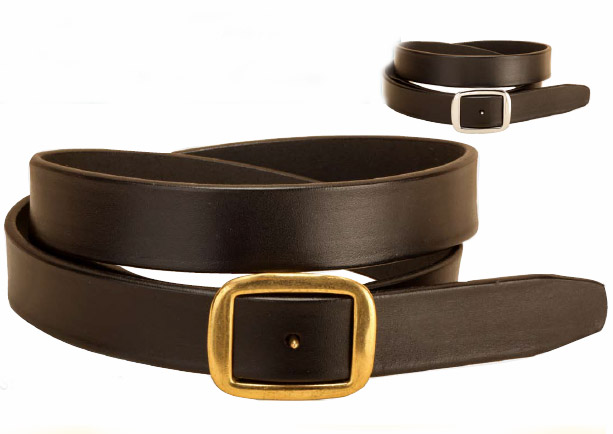 Conway center post buckle black English bridle leather belt that is 1 1/4 inch wide.