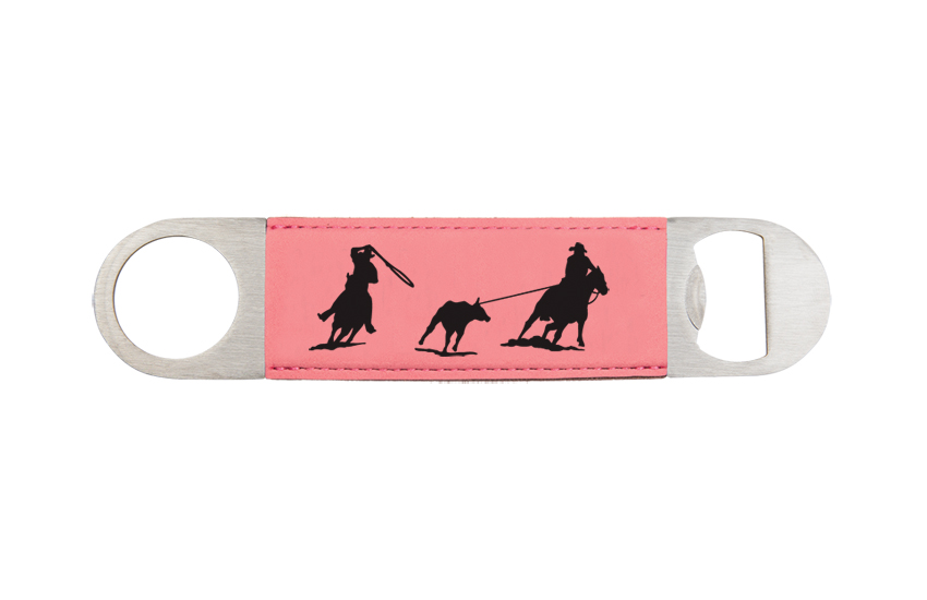 Engraved bottle opener with the rodeo design and personalized text of your choice.