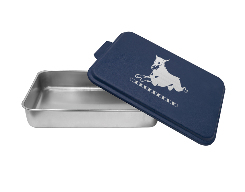 Personalized aluminum cake pan with engraved Doberman design and custom text.
