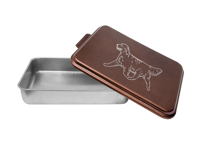 Custom cake pan with your choice of Golden Retriever design and personalized text.