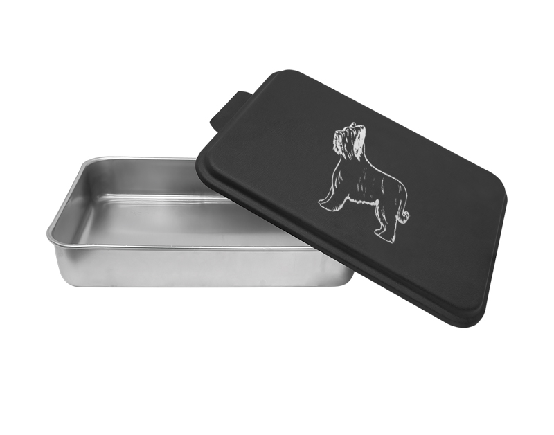 Personalized aluminum cake pan with engraved herding dog design and custom text. Dog Cake Pan