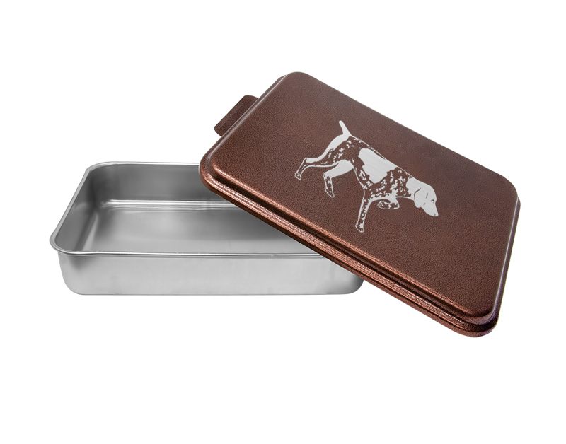 Personalized aluminum cake pan with engraved sporting design and custom text. Dog Cake Pan