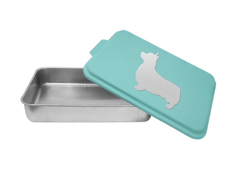Custom cake pan with your choice of corgi design and personalized text.