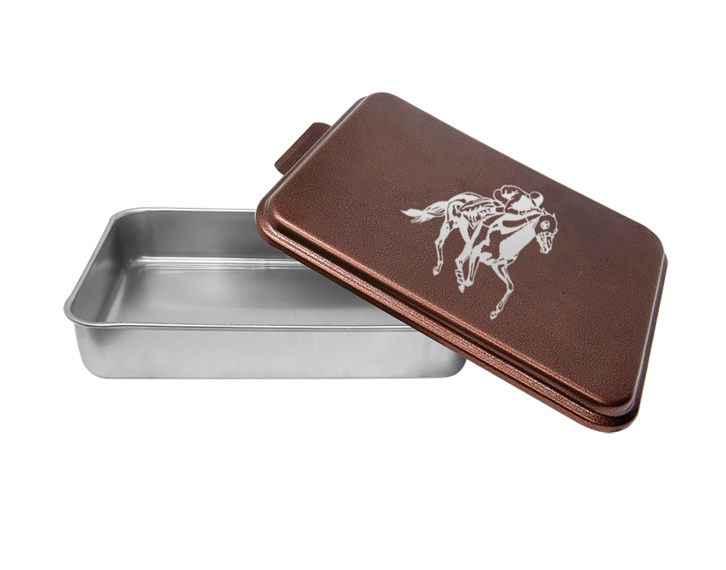 Personalized aluminum cake pan with engraved horse design 2 and custom text. Horse Cake Pan