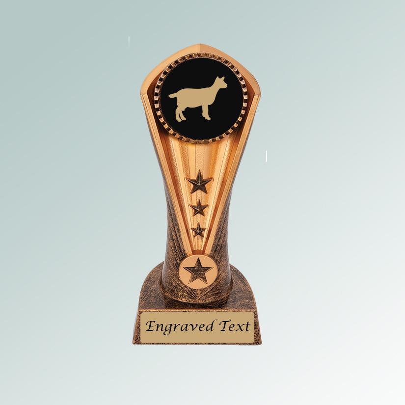 Personalized blaze farm animal trophy with your choice of farm animal design and custom engraved text. 100+ farm animal designs to choose from.
