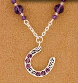 Horseshoe Dangle Necklace - Amethyst. Adjustable equestrian horse jewelry fashion necklace.