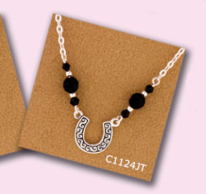 Horseshoe Necklace with black beads. Adjustable equestrian horse jewelry fashion necklace.