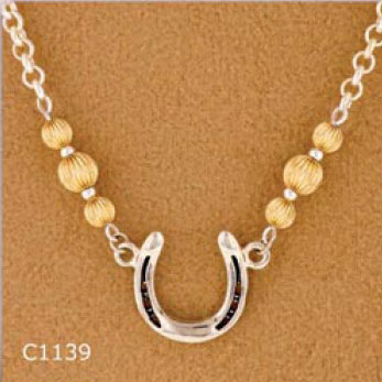 Horseshoe Necklace with 2 tone beads. Adjustable equestrian horse jewelry fashion necklace.