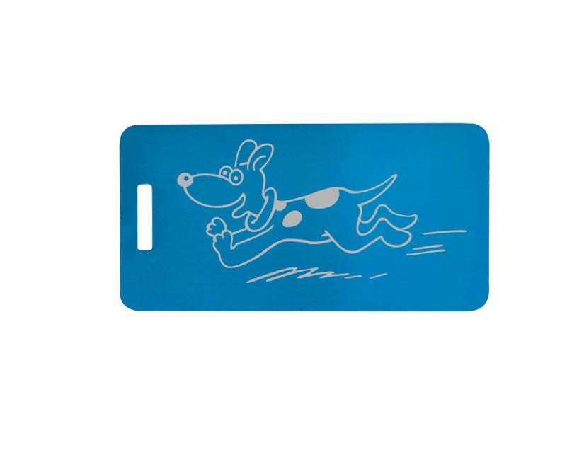 Anodized aluminum luggage tag with your choice of personalized text and engraved dog design. Dog Backpack Tag