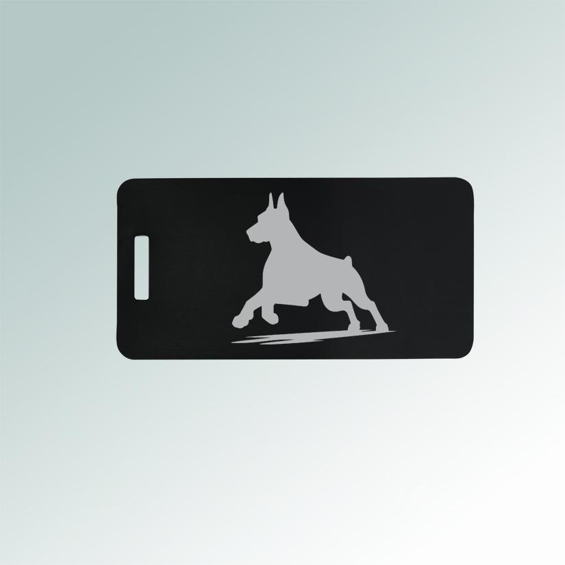 Aluminum doberman luggage tag with your choice of personalized text and engraved doberman design. 25+ Doberman designs to choose from.