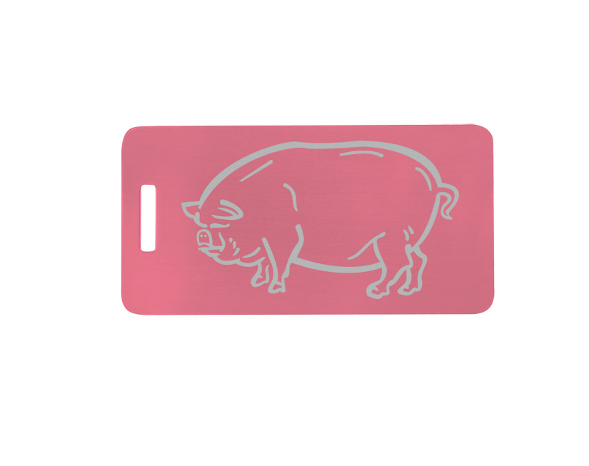 Anodized aluminum luggage tag with your choice of personalized text and engraved farm animal design. Farm Animal Backpack Tag
