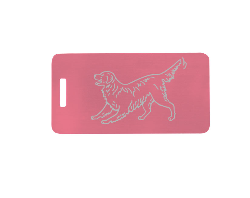 Engraved aluminum luggage tag with your choice of Golden Retriever design and personalized text. Golden Retriever Backpack Tag