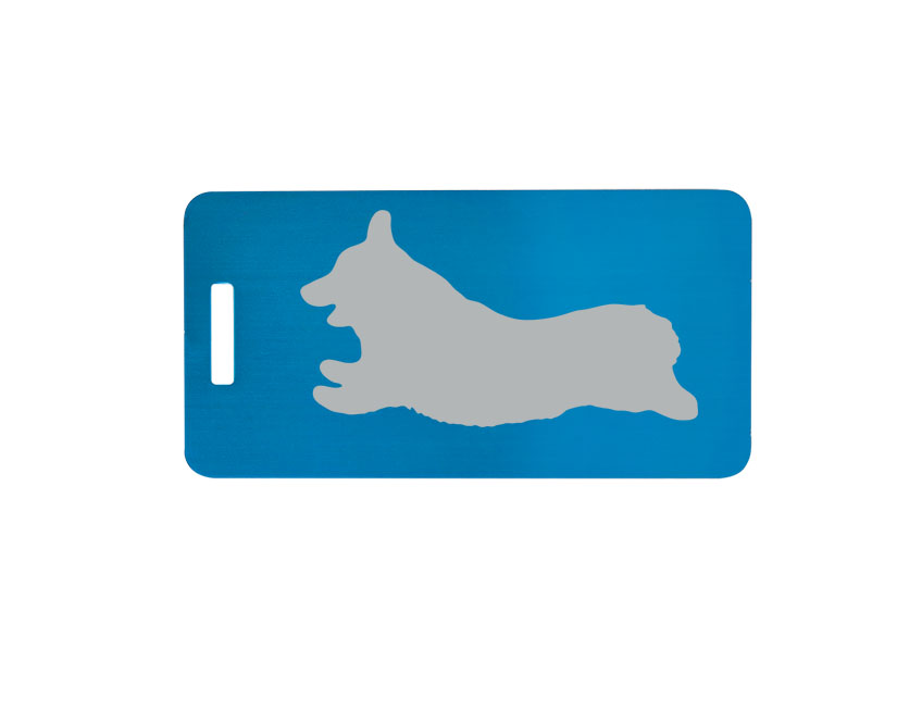Engraved aluminum luggage tag with your choice of corgi design and personalized text. Corgi Backpack Tag