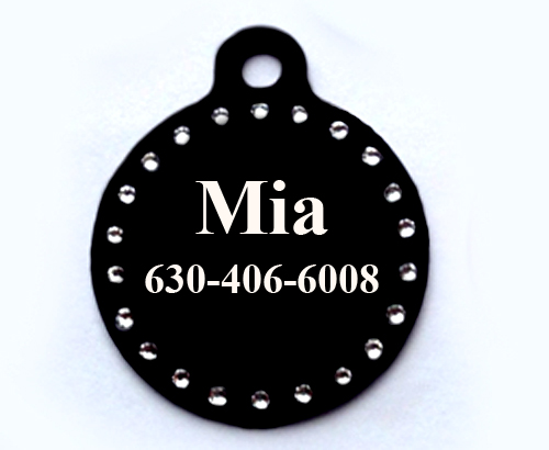 Add a little bling to your dog's collar with a custom engraved swarovski crystal and aluminum circle dog ID tag.