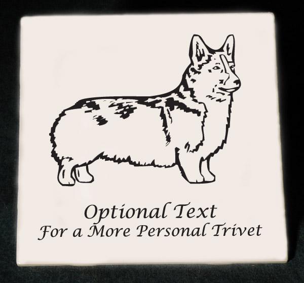 Personalized ceramic trivet with an engraved corgi design and custom text. Corgi Trivet