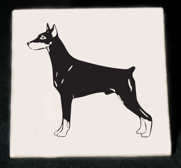 Personalized trivet / hot plate with custom engraved Doberman dog design and text.