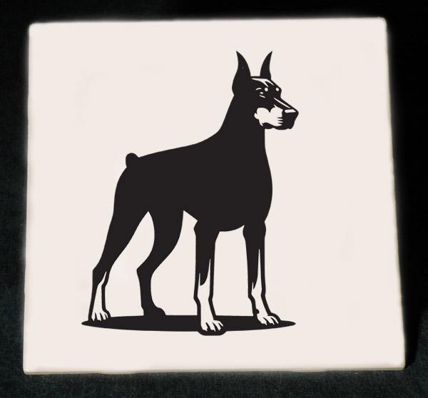 Personalized ceramic trivet with an engraved Doberman design and custom text. Doberman Trivet