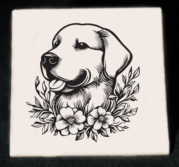 Personalized ceramic trivet with an engraved Golden Retriever dog design and custom text. Golden Retriever Trivet