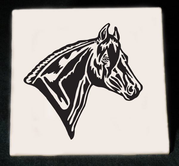 Personalized ceramic trivet with an engraved horse design and custom text.