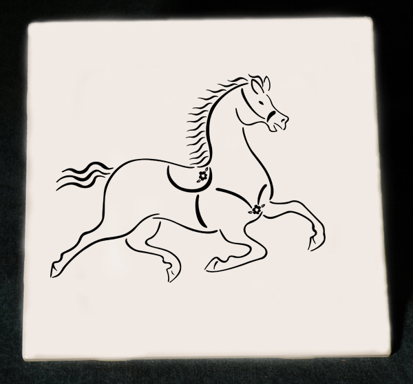 Personalized ceramic horse design trivet with engraved text.