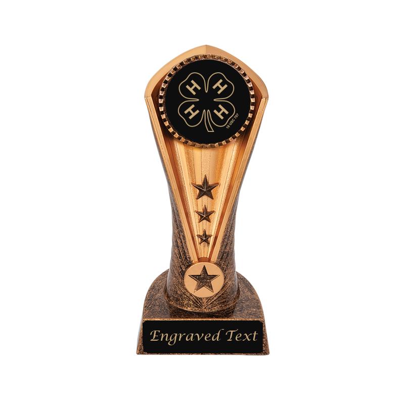 Custom engraved 4-H award cobra trophy with your choice of personalized text and 4-H logo. 4-H Trophy