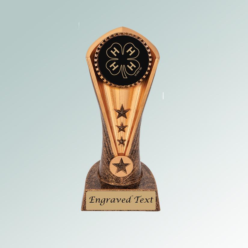 Custom engraved award 4-H cobra trophy with your choice of personalized text and 4-H logo. 4-H Trophy