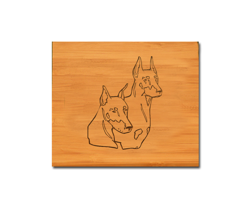 Custom engraved bamboo coaster set with your choice of doberman design and personalized text. Bamboo Doberman Coasters