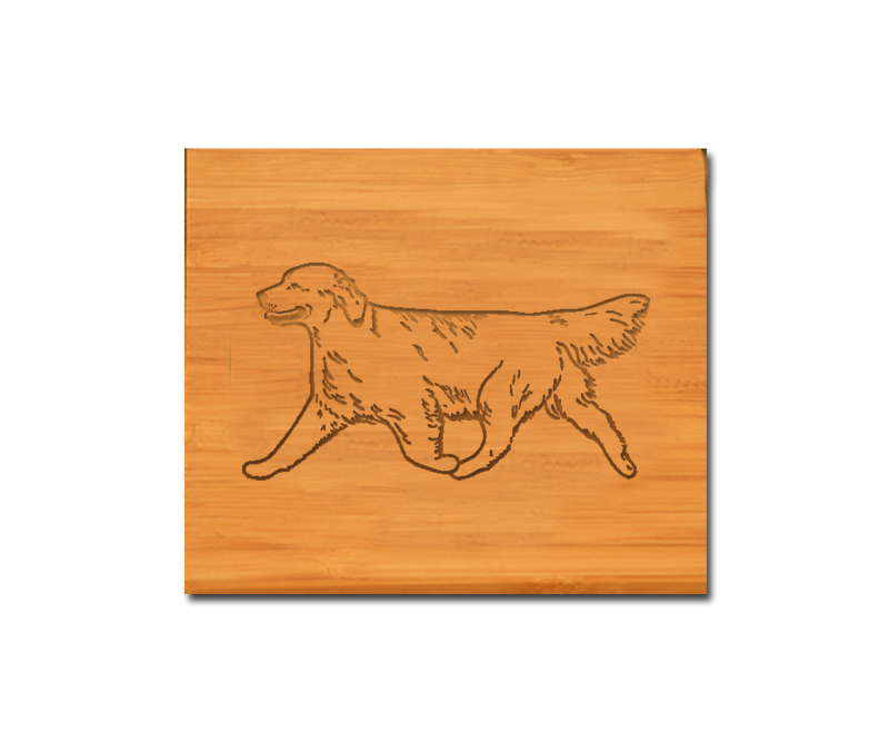 Personalized bamboo coaster set with engraved text and choice of Golden Retriever design. Golden Retriever Coasters