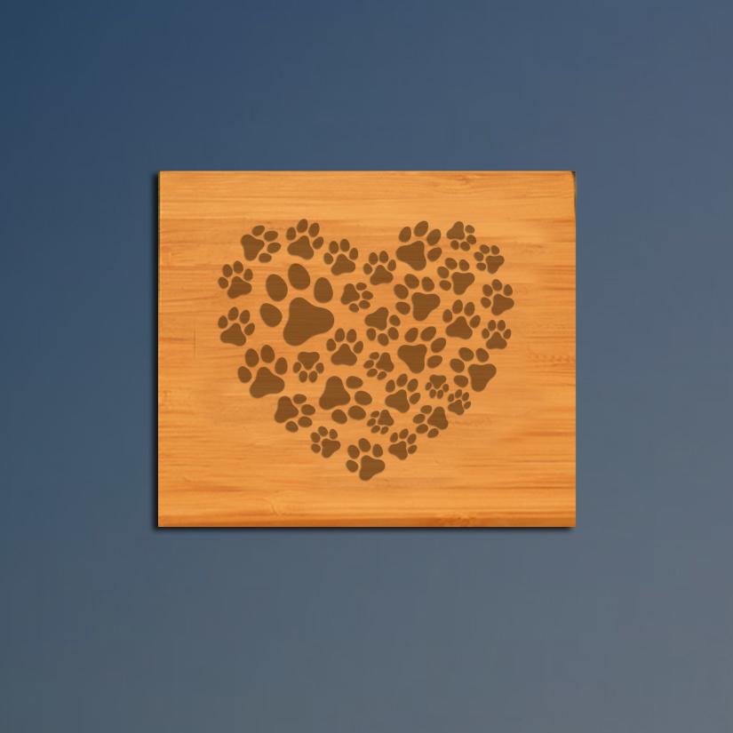 Personalized bamboo dog paw coaster set with engraved text and choice of dog paw designs. 25+ dog paw designs to choose from.