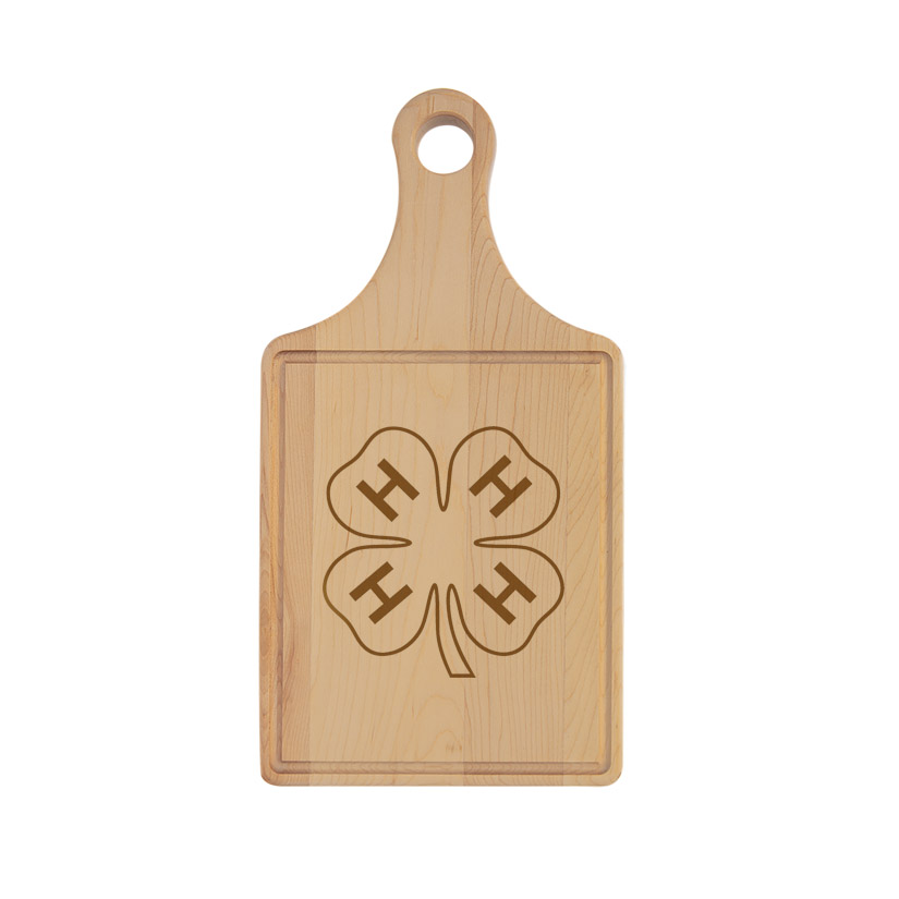 Custom engraved drip ring maple cutting board with a 4-H logo and personalized text. 4-H Cutting Board