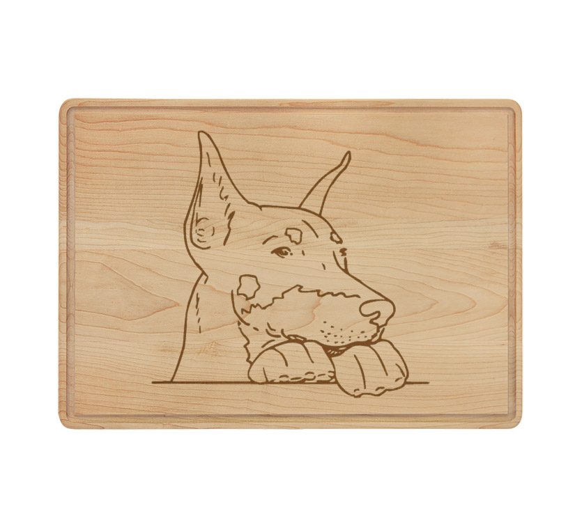 Custom engraved drip ring maple cutting board with a Doberman design and personalized text. Doberman Gift