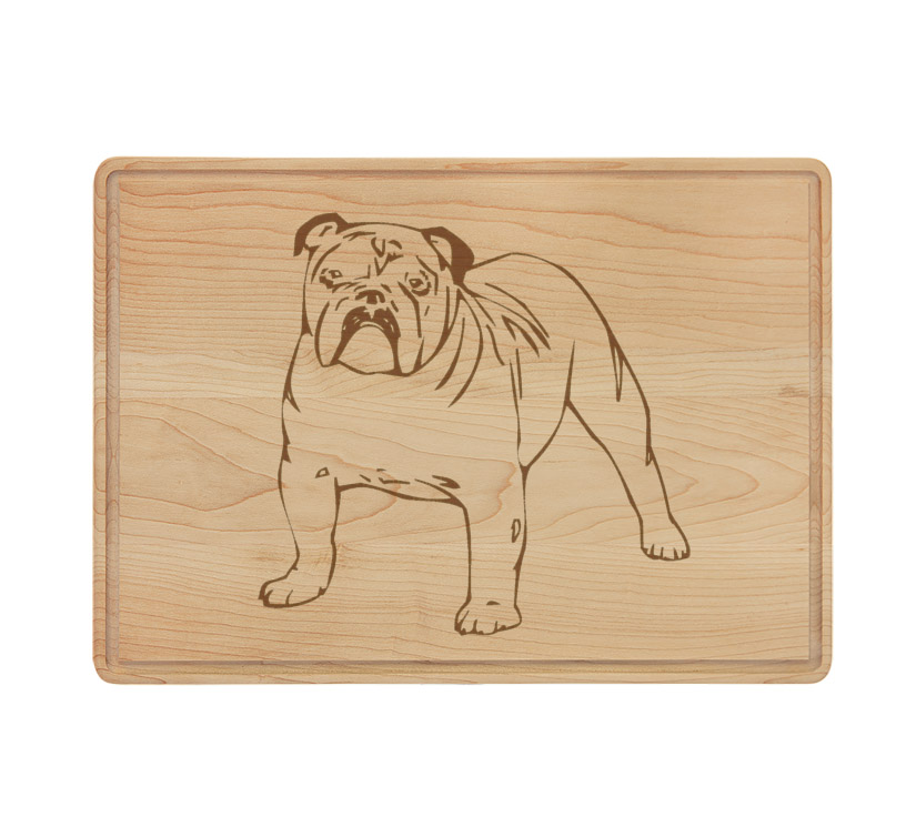 Custom engraved drip ring maple cutting board with a dog design 2 and personalized text. Dog Cutting Board