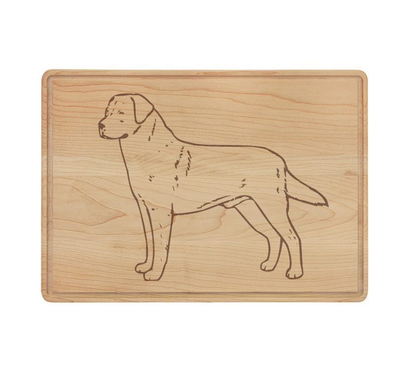 Personalized drip ring maple cutting board with a dog design 3 and custom engraved text. Dog Lover Gift