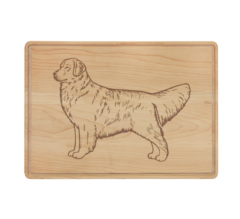 Personalized drip ring maple cutting board with a Golden Retriever design and custom engraved text. Golden Retriever Gift