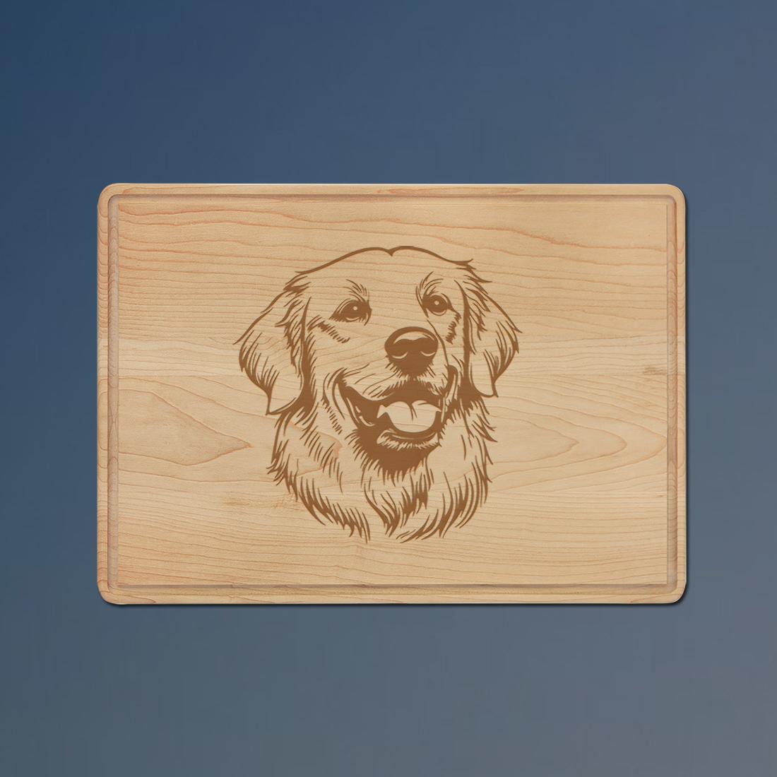 Personalized drip ring maple cutting board with a golden retriever design and custom engraved text. 80+ golden retriever designs to choose from.
