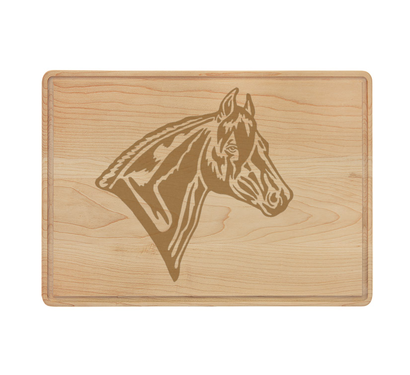 Custom engraved drip ring maple cutting board with a horse design and personalized text. Equestrian Gift
