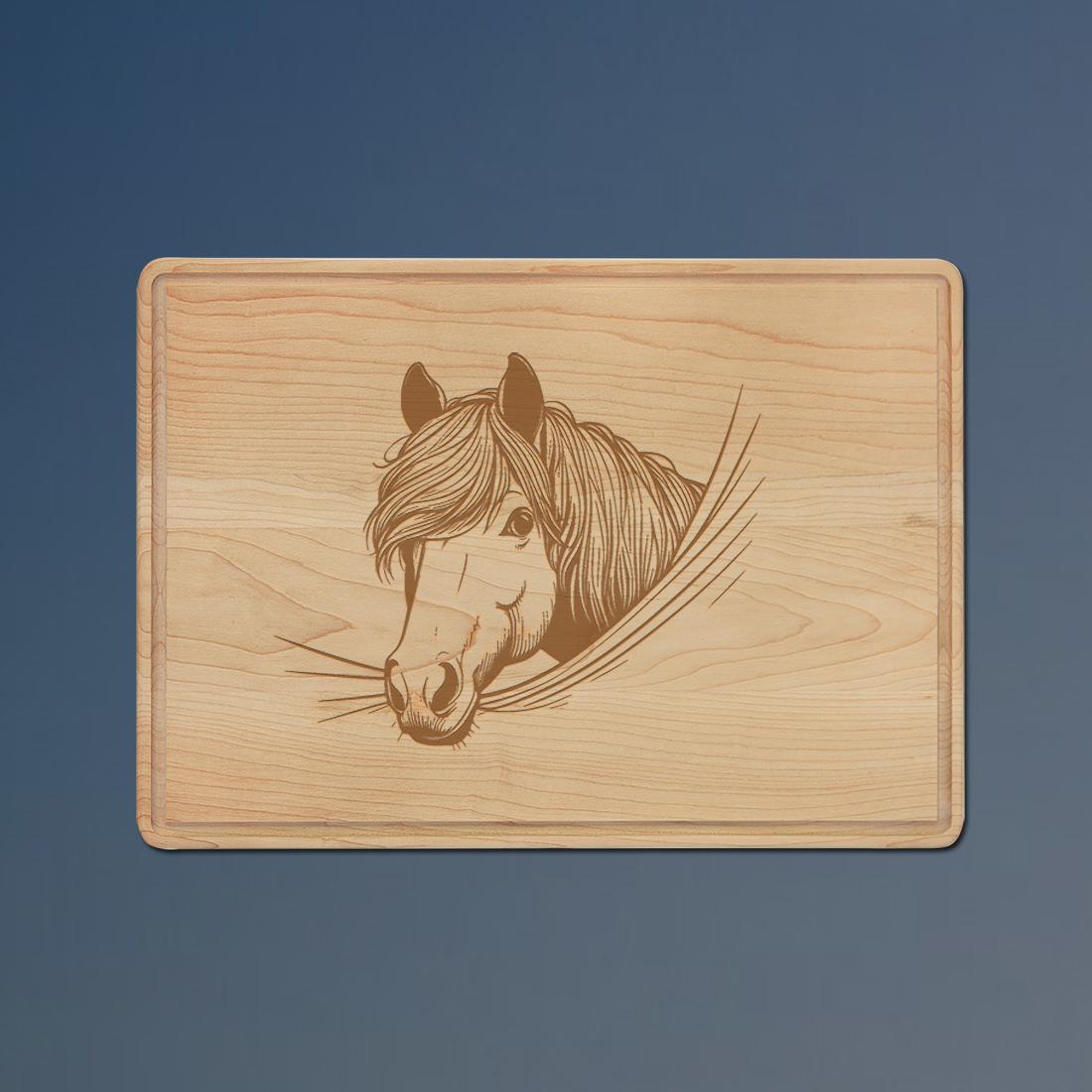 Custom engraved drip ring maple cutting board with a horse design and personalized text. 100+ horse designs to choose from.