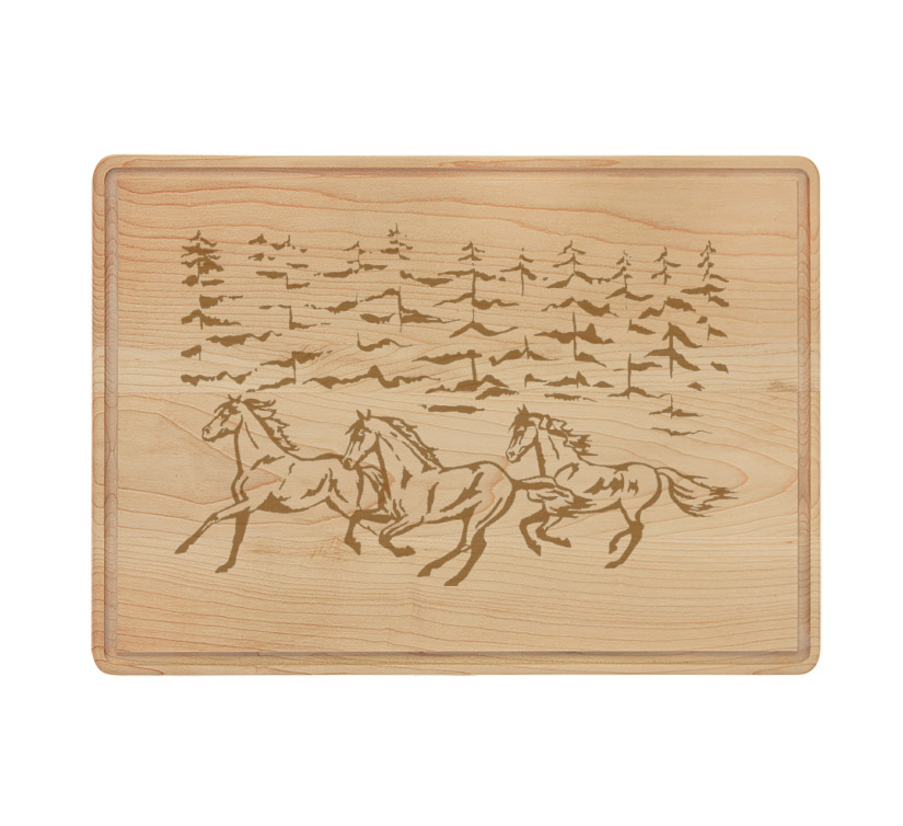 Personalized drip ring maple cutting board with a horse design 2 and custom engraved text. Horse Gift