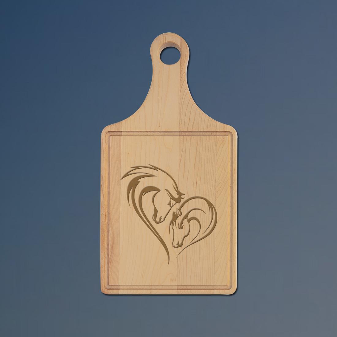 Custom engraved drip ring maple cutting board with a horse silhouette and personalized text. 85+ horse silhouettes to choose from.