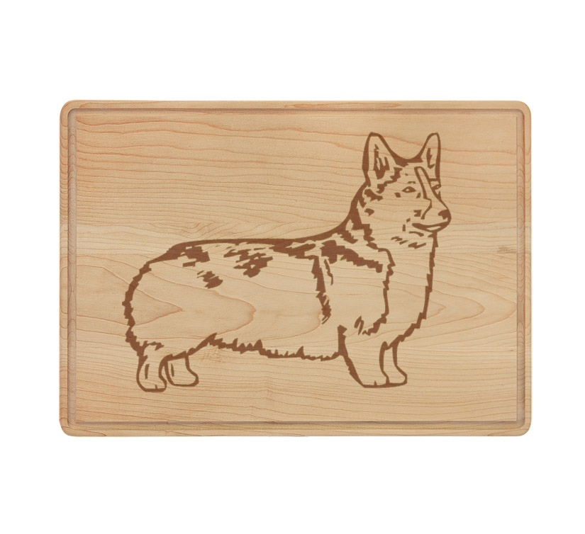 Personalized drip ring maple cutting board with a corgi design and custom engraved text. Corgi Cutting Board