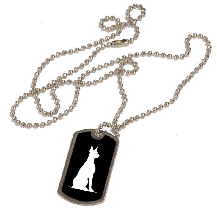 Personalized black and silver dog tag necklace with custom engraved Doberman dog design. Doberman Necklace