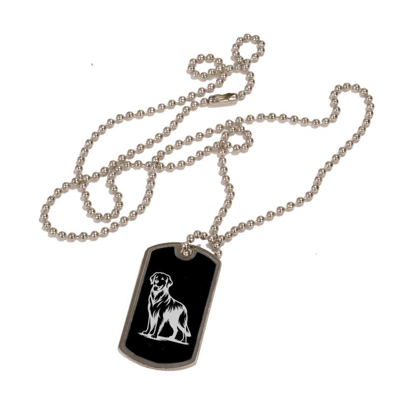 Custom engraved black and silver dog tag necklace with personalized text and the Golden Retriever dog design of your choice. 80+ Golden Retriever Designs