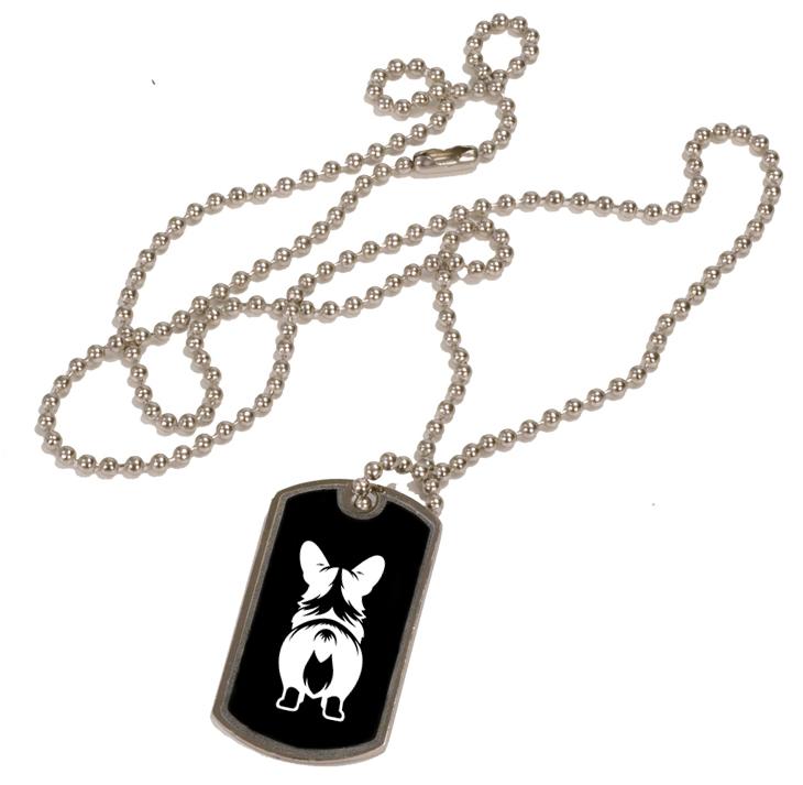 Personalized black and silver dog tag necklace with custom engraved Welsh Corgi dog design. Corgi Necklace