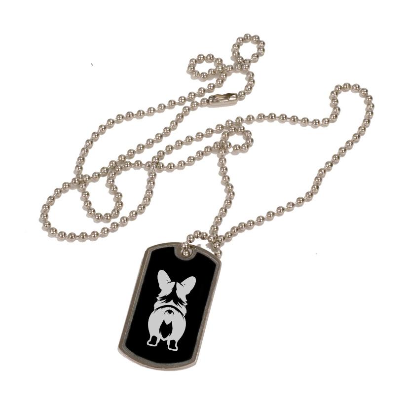 Custom engraved black and silver dog tag necklace with personalized text and the Welsh Corgi dog design of your choice. 100+ corgi designs to choose from.
