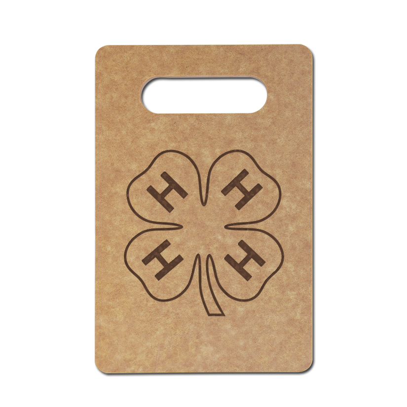 Personalized eco-friendly cutting board with 4-H logo and custom engraved text.