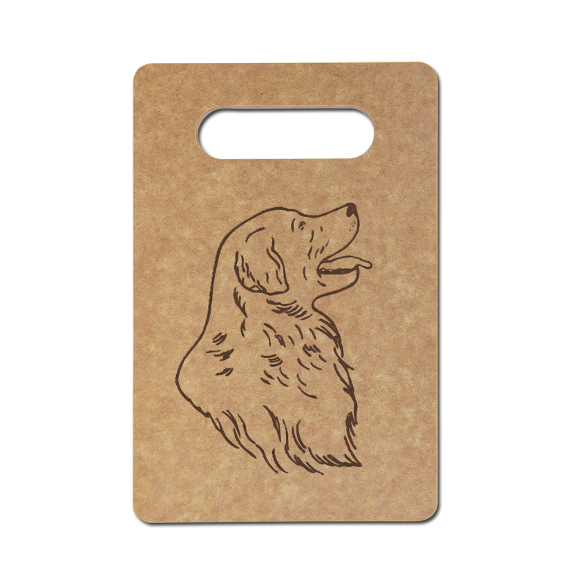 Personalized eco-friendly cutting board with a Golden Retriever design and custom engraved text. Golden Retriever Cutting Board