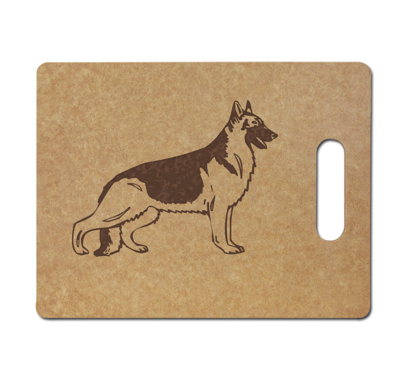 Personalized eco-friendly cutting board with a dog design 1 and custom engraved text. Dog Eco Cutting Board